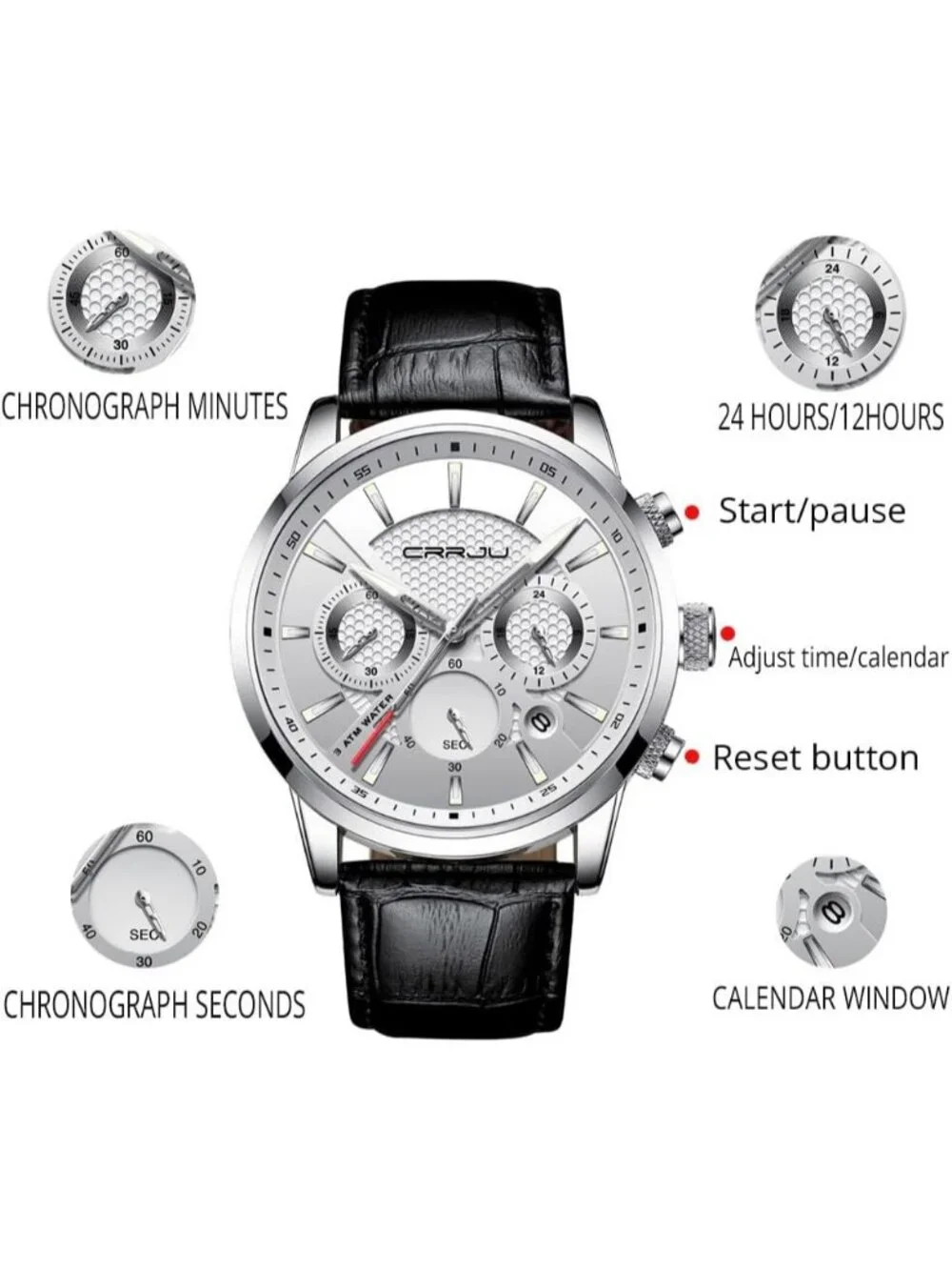 Men's Black White Chronograph Leather Strap Quartz Waterproof Wrist Watch